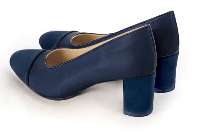 Navy blue women's dress pumps, with a round neckline. Round toe. Medium block heels. Rear view - Florence KOOIJMAN